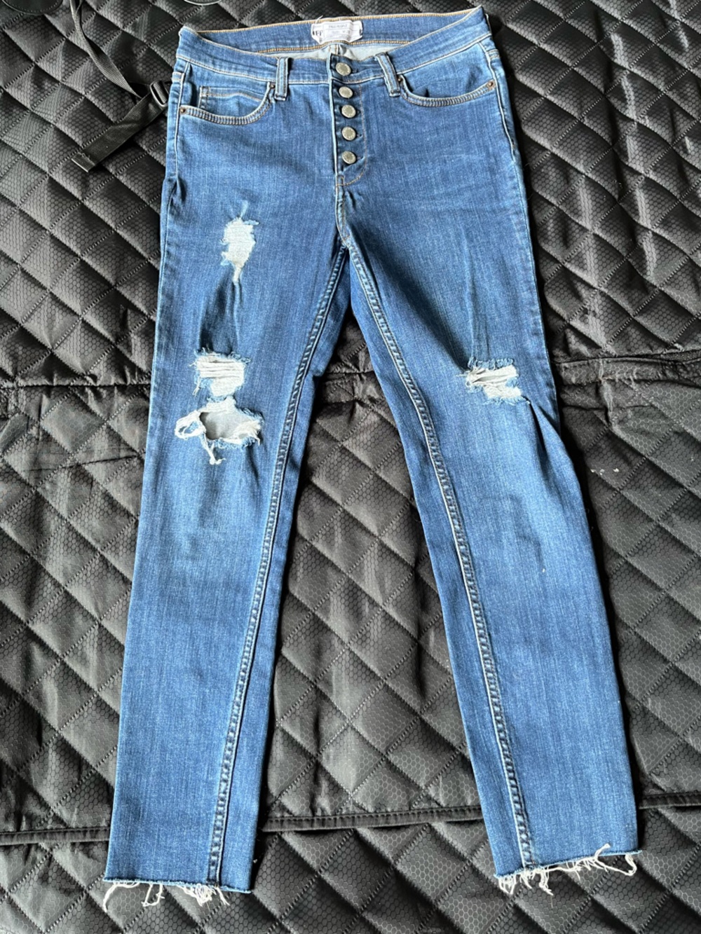 Free People Distressed Mid-Blue Button-Fly Jeans